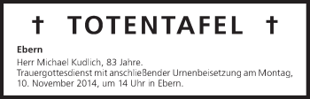 Anzeige von Totentafel vom 07.11.2014 von MGO