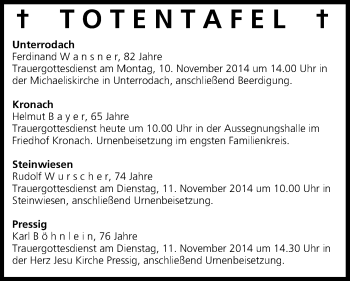 Anzeige von Totentafel vom 08.11.2014 von MGO