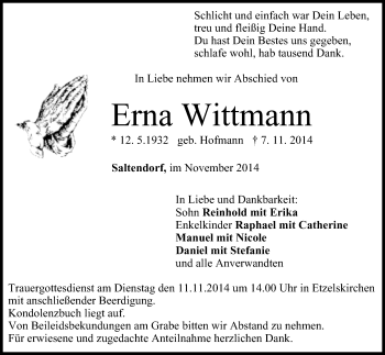 Anzeige von Erna Wittmann von MGO