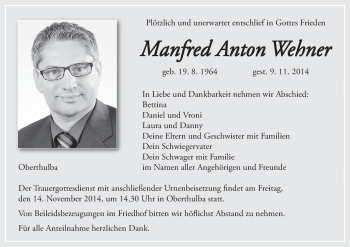 Anzeige von Manfred Anton Wehner von MGO