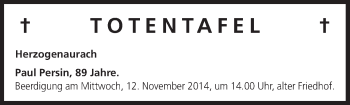 Anzeige von Totentafel vom 11.11.2014 von MGO