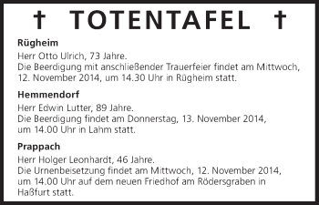 Anzeige von Totentafel vom 12.11.2014 von MGO