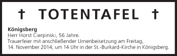 Anzeige von Totentafel vom 13.11.2014 von MGO