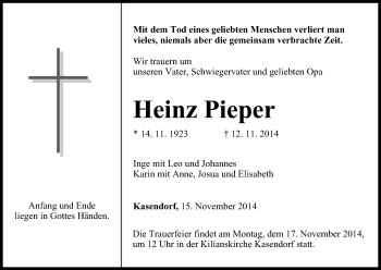 Anzeige von Heinz Pieper von MGO