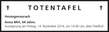 Anzeige von Totentafel vom 13.11.2014 von MGO