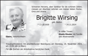 Anzeige von Brigitte Wirsing von MGO