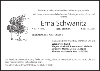 Anzeige von Erna Schwanitz von MGO