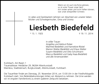 Anzeige von Liesbeth Biedefeld von MGO