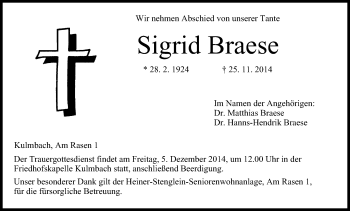 Anzeige von Sigrid Braese von MGO
