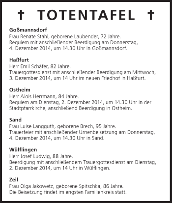 Anzeige von Totentafel vom 02.12.2014 von MGO