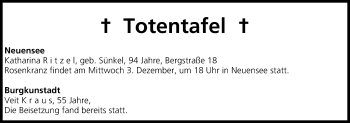 Anzeige von Totentafel vom 02.12.2014 von MGO