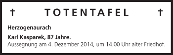 Anzeige von Totentafel vom 02.12.2014 von MGO