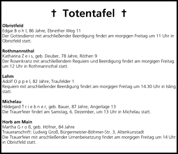 Anzeige von Totentafel vom 04.12.2014 von MGO