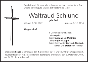 Anzeige von Waltraud Schlund von MGO