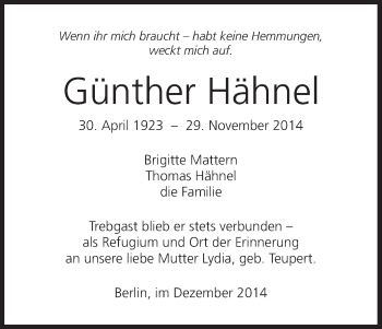 Anzeige von Günther Hähnel von MGO