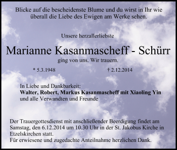 Anzeige von Marianne Kasanmascheff-Schürr von MGO