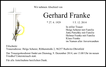 Anzeige von Gerhard Franke von MGO
