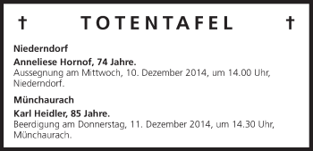 Anzeige von Totentafel vom 09.12.2014 von MGO