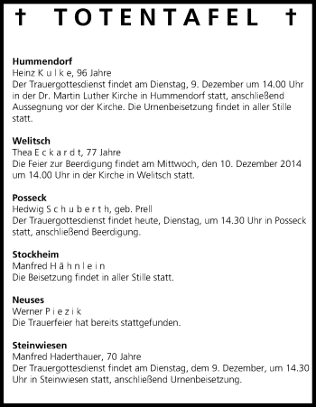 Anzeige von Totentafel vom 09.12.2014 von MGO