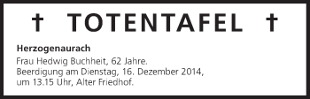 Anzeige von Totentafel vom12.12.2014 von MGO