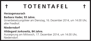 Anzeige von Totentafel, vom 13.12.2014 von MGO