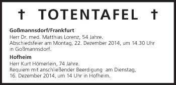 Anzeige von Totentafel vom 16.12.2014 von MGO