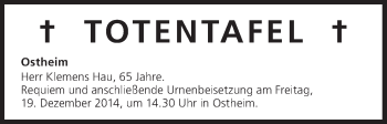 Anzeige von Totentafel vom 17.12.2014 von MGO