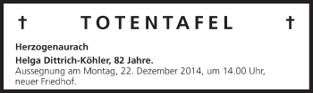 Anzeige von Totentafel vom 19.12.2014 von MGO