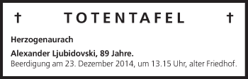 Anzeige von Totentafel vom 22.12.2014 von MGO