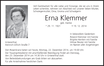 Anzeige von Erna Klemmer von MGO