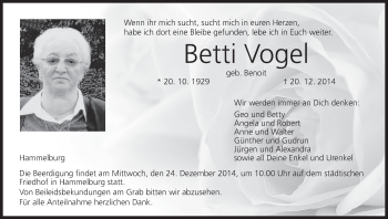 Anzeige von Betti Vogel von MGO