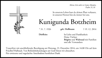 Anzeige von Kunigunda Botzheim von MGO