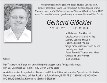 Anzeige von Gerhard Glöckler von MGO