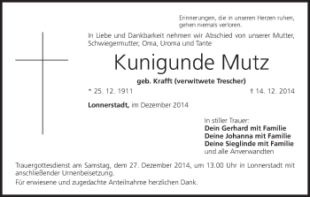 Anzeige von Kunigunde Mutz von MGO