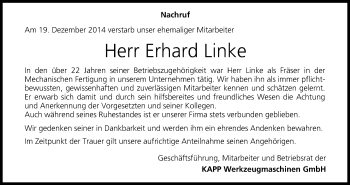 Anzeige von Erhard Linke von MGO