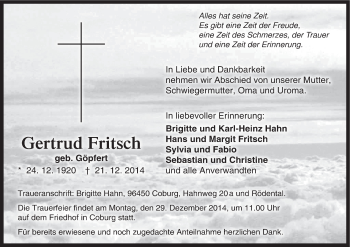 Anzeige von Gertrud Fritsch von MGO