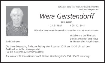 Anzeige von Wera Gerstendorff von MGO