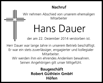 Anzeige von Hans Dauer von MGO