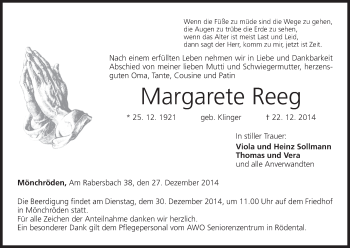 Anzeige von Margarete Reeg von MGO