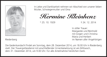 Anzeige von Hermine Kleinhenz von MGO