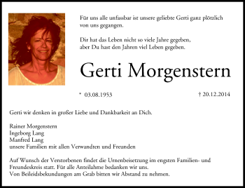 Anzeige von Gerti Morgenstern von MGO