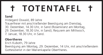 Anzeige von Totentafel vom 29.12.2014 von MGO