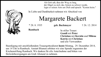 Anzeige von Margarete Backert von MGO