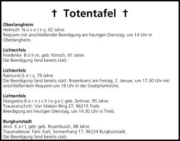 Anzeige von Totentafel vom 30.12.2014 von MGO