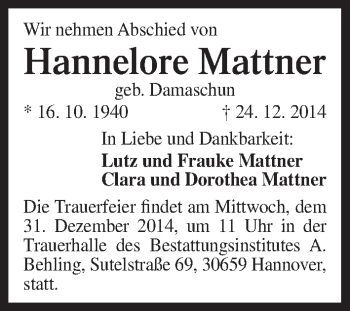 Anzeige von Hannelore Mattner von MGO