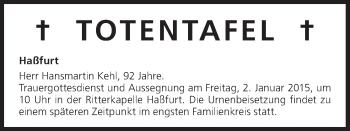 Anzeige von Totentafel vom 31.12.2014 von MGO