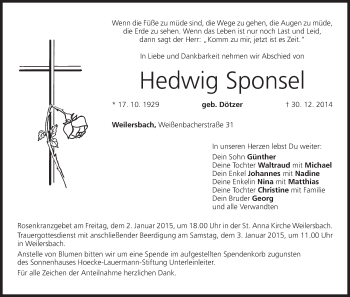 Anzeige von Hedwig Sponsel von MGO
