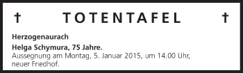 Anzeige von Totentafel  vom 02.01.2015 von MGO