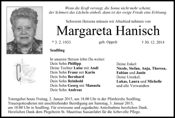Anzeige von Margareta Hanisch von MGO