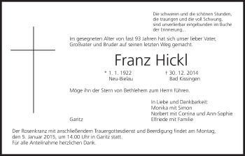 Anzeige von Franz Hickl von MGO